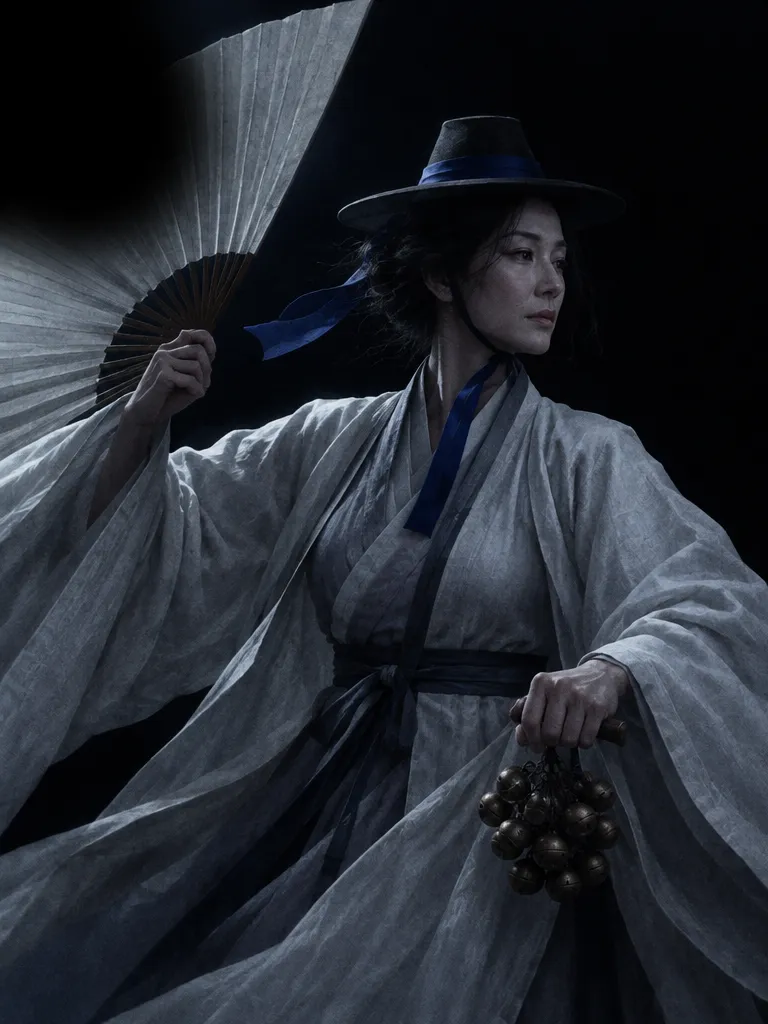 Yeonhwa, kelas Bellfan, mengangkat kipas hanji besar dan seuntai lonceng.